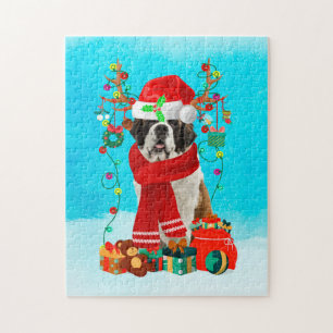 Saint Bernard in snow with Christmas gifts Jigsaw Puzzle