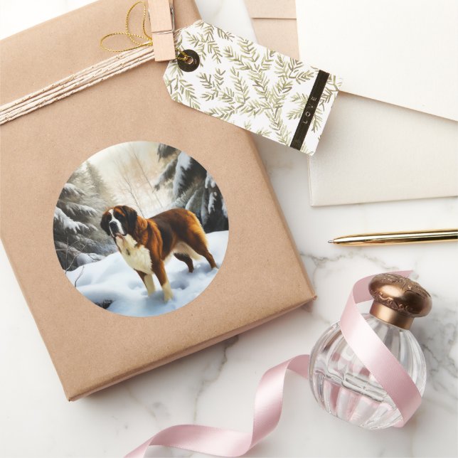 Saint Bernard Let It Snow Christmas Classic Round Sticker (Gifting)