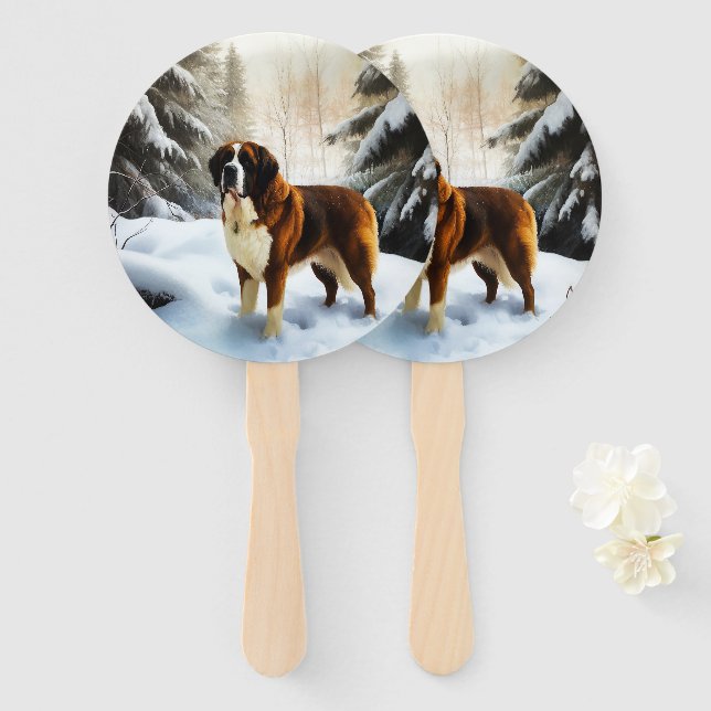 Saint Bernard Let It Snow Christmas Hand Fan (Front and Back)