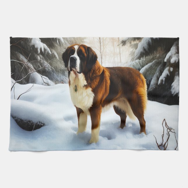 Saint Bernard Let It Snow Christmas Kitchen Towel (Horizontal)