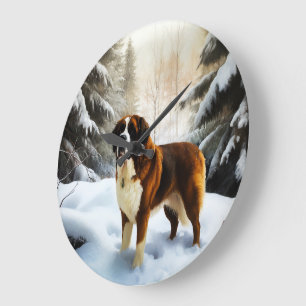 Saint Bernard Let It Snow Christmas Large Clock