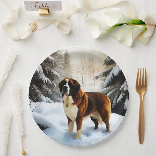 Saint Bernard Let It Snow Christmas Paper Plates (Wedding)