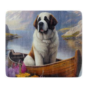 Saint Bernard on a Paddle: A Scenic Adventure Cutting Board