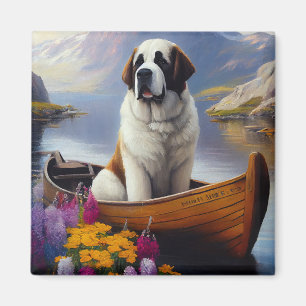 Saint Bernard on a Paddle: A Scenic Adventure Magnet