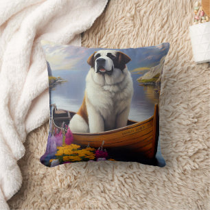 Saint Bernard on a Paddle: A Scenic Adventure Throw Pillow