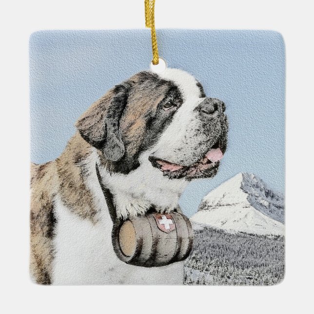 Saint Bernard Painting - Cute Original Dog Art Ceramic Ornament (Front)