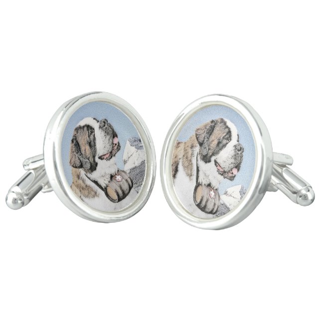 Saint Bernard Painting - Cute Original Dog Art Cufflinks (Angled)