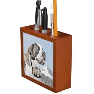 Saint Bernard Painting - Cute Original Dog Art Desk Organizer