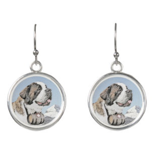 Saint Bernard Painting - Cute Original Dog Art Earrings