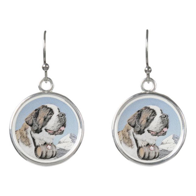 Saint Bernard Painting - Cute Original Dog Art Earrings (Front)