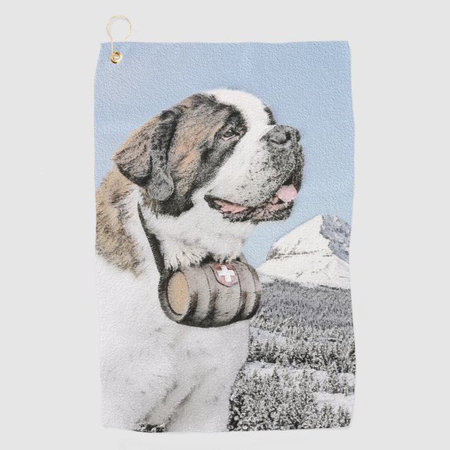 Saint Bernard Painting - Cute Original Dog Art Golf Towel (Front)