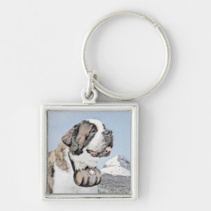 Saint Bernard Painting - Cute Original Dog Art Keychain