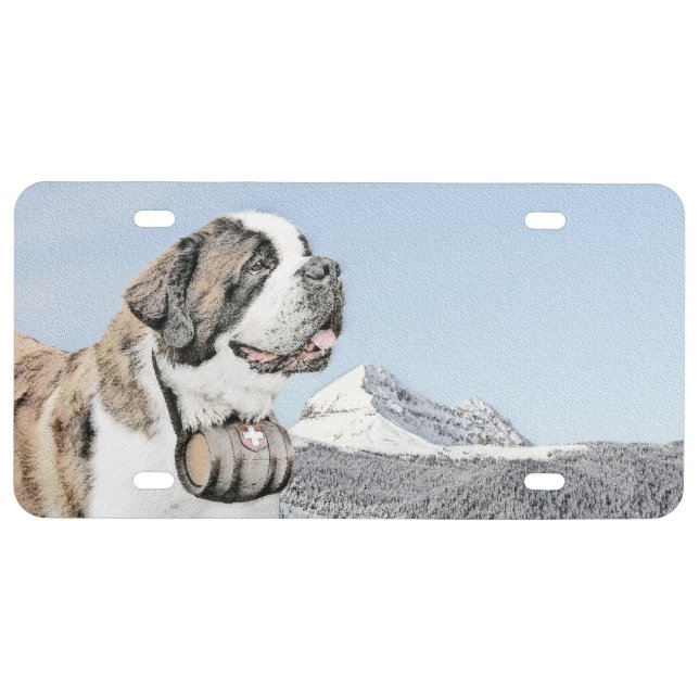 Saint Bernard Painting - Cute Original Dog Art License Plate (Front)