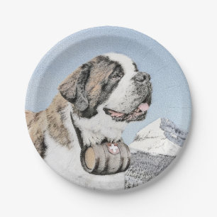 Saint Bernard Painting - Cute Original Dog Art Paper Plates