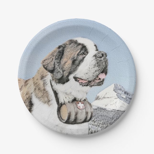 Saint Bernard Painting - Cute Original Dog Art Paper Plates (Front)