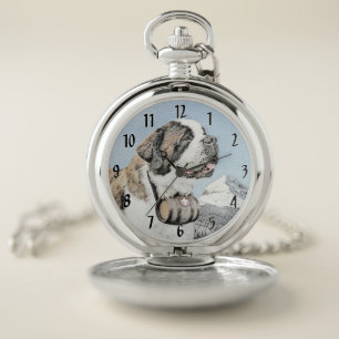 Saint Bernard Painting - Cute Original Dog Art Pocket Watch