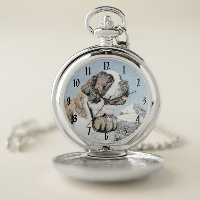 Saint Bernard Painting - Cute Original Dog Art Pocket Watch (Inside)