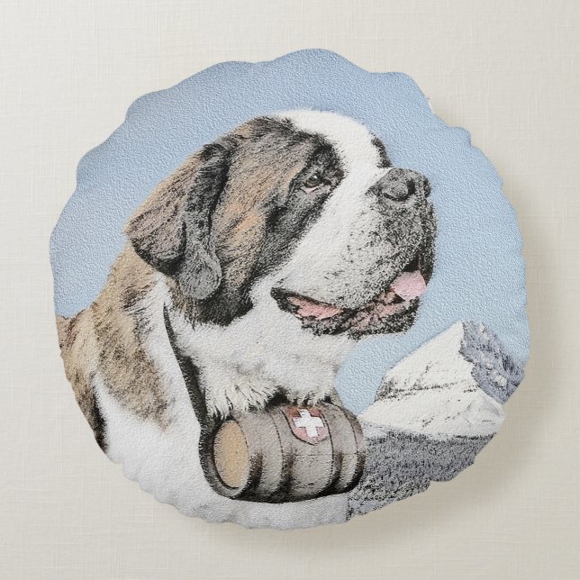 Saint Bernard Painting - Cute Original Dog Art Round Pillow (Back)