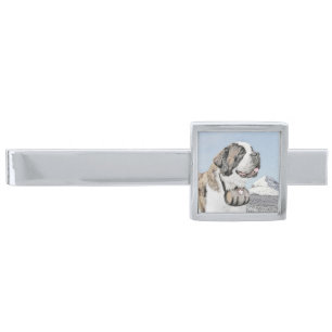 Saint Bernard Painting - Cute Original Dog Art Silver Finish Tie Bar