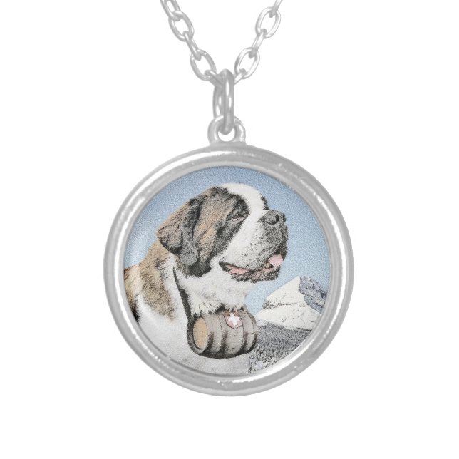 Saint Bernard Painting - Cute Original Dog Art Silver Plated Necklace (Front)