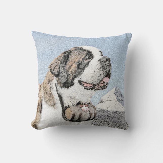 Saint Bernard Painting - Cute Original Dog Art Throw Pillow (Front)