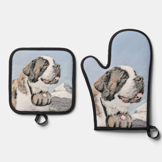 Saint Bernard Painting Rough St Original Dog Art Oven Mitt & Pot Holder Set (Front)