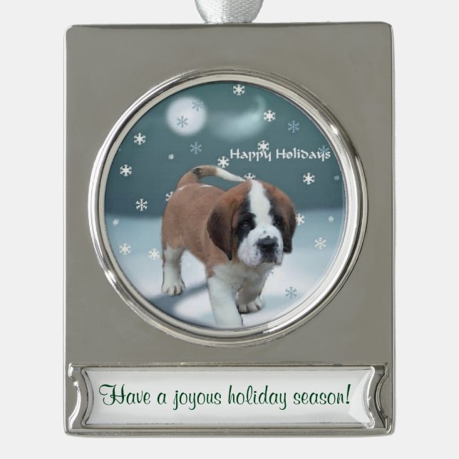 Saint Bernard Personalized Christmas Silver Plated Banner Ornament (Front)