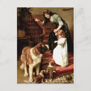 saint bernard puppies dog mother girl Elsley Postcard