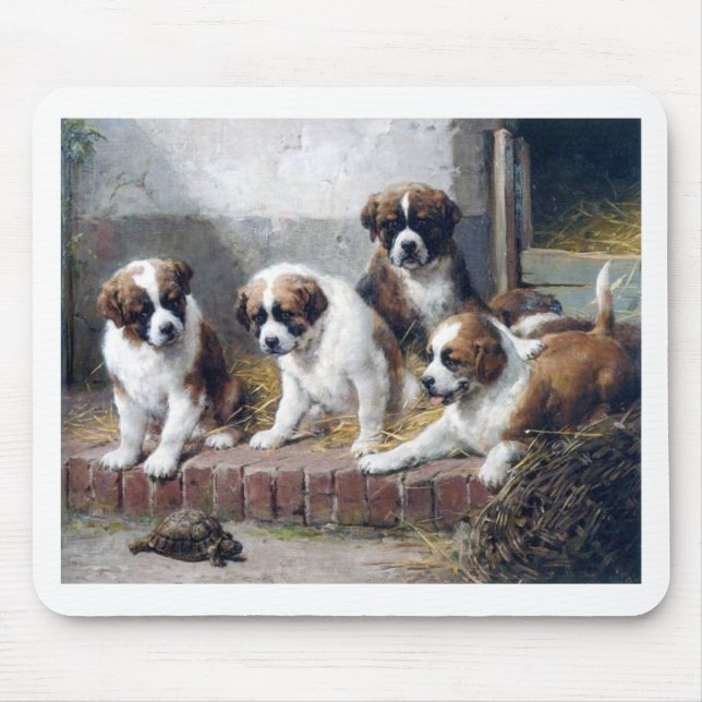 Saint Bernard puppies turtle cute painting dogs Mouse Pad (Front)