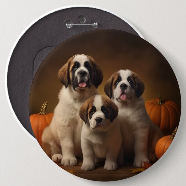 Saint Bernard Puppy Autumn Delight Pumpkin Button (Front & Back)