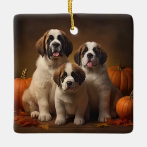 Saint Bernard Puppy Autumn Delight Pumpkin Ceramic Ornament