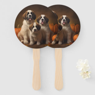 Saint Bernard Puppy Autumn Delight Pumpkin Hand Fan