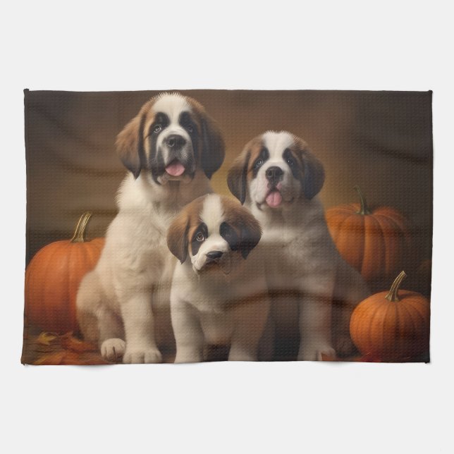 Saint Bernard Puppy Autumn Delight Pumpkin Kitchen Towel (Horizontal)