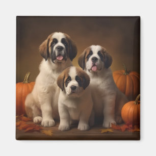 Saint Bernard Puppy Autumn Delight Pumpkin Magnet