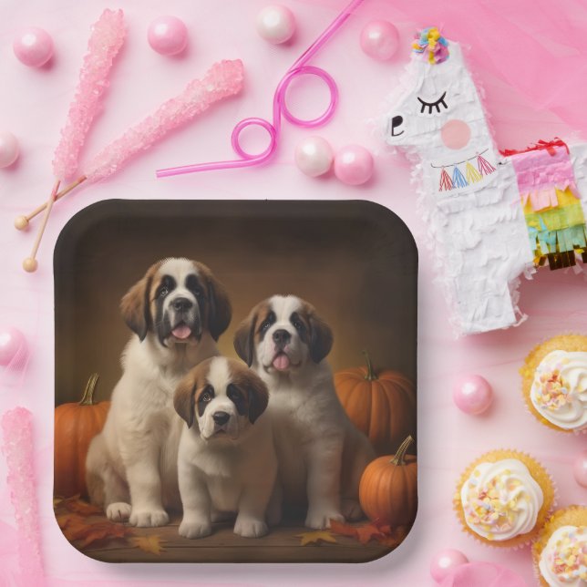 Saint Bernard Puppy Autumn Delight Pumpkin Paper Plates (Party)