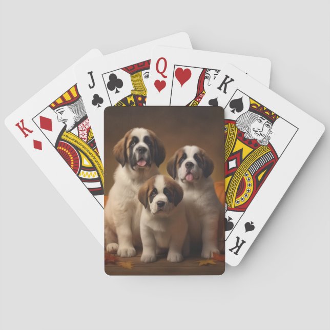 Saint Bernard Puppy Autumn Delight Pumpkin Poker Cards (Back)