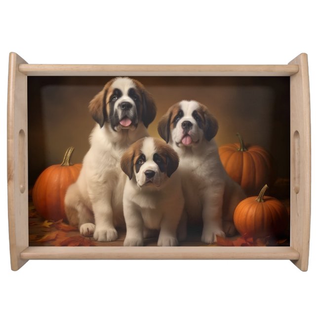 Saint Bernard Puppy Autumn Delight Pumpkin Serving Tray (Front)