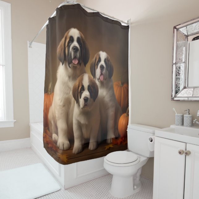Saint Bernard Puppy Autumn Delight Pumpkin Shower Curtain (In Situ)