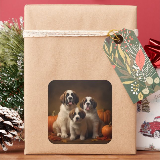 Saint Bernard Puppy Autumn Delight Pumpkin Square Sticker (Holiday)