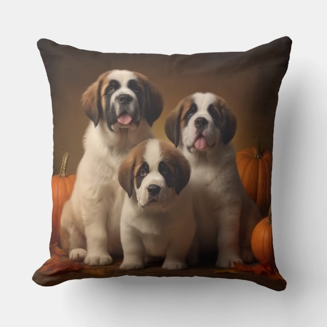 Saint Bernard Puppy Autumn Delight Pumpkin Throw Pillow (Front)