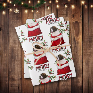 Saint Bernard Puppy Dog in Holiday Gift Bag Wrapping Paper Sheets