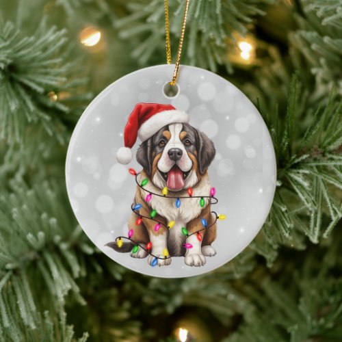Saint Bernard Puppy in Christmas Lights  Ceramic Ornament