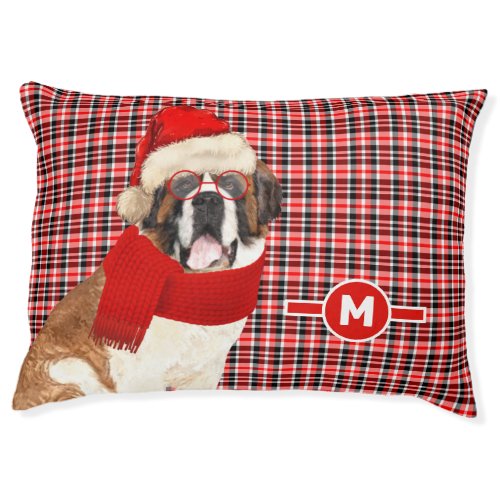 Saint Bernard Red Plaid Monogrammed Dog Pet Bed