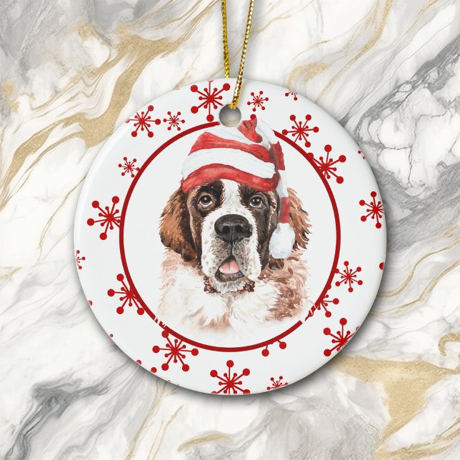 Saint Bernard Santa Hat Red Snowflake Ceramic Ornament (Creator Uploaded)