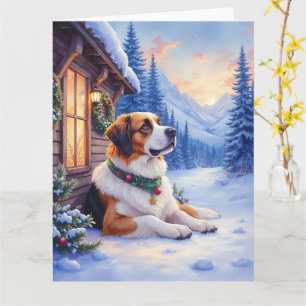 Saint Bernard Snowy Mountain Lodge Christmas Dog Card