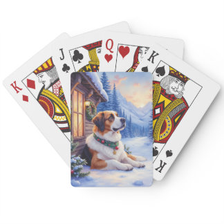 Saint Bernard Snowy Mountain Lodge Christmas Dog Poker Cards