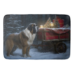 Saint Bernard Snowy Sleigh Christmas Decor Bath Mat