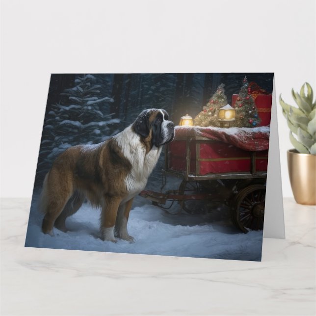 Saint Bernard Snowy Sleigh Christmas Decor Card (Small Plant)