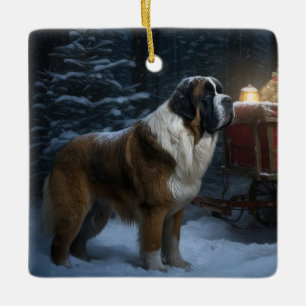 Saint Bernard Snowy Sleigh Christmas Decor Ceramic Ornament