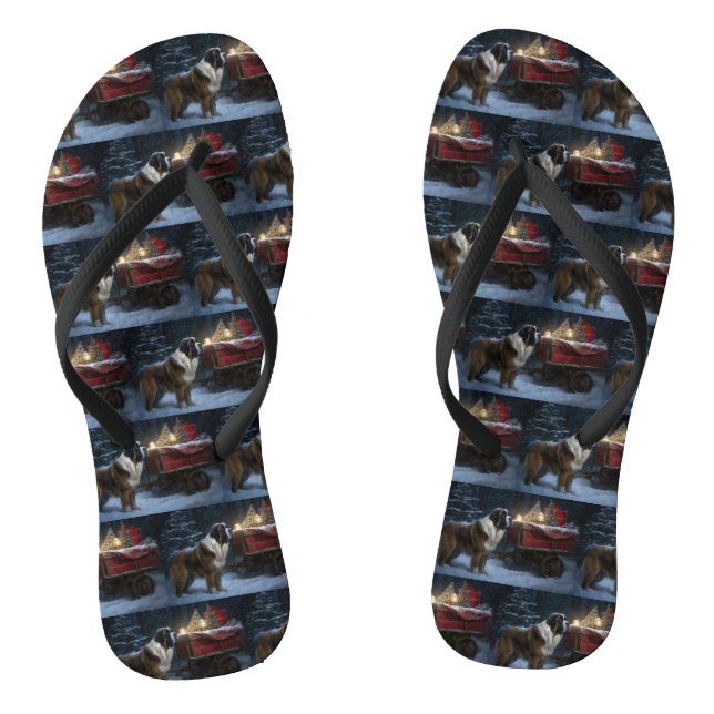 Saint Bernard Snowy Sleigh Christmas Decor Flip Flops (Footbed)